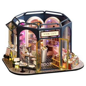Wenz Book Cafe 品阅咖啡馆 with Light/Anti-dust cover DIY Miniature Doll House GD002 EnglishManual