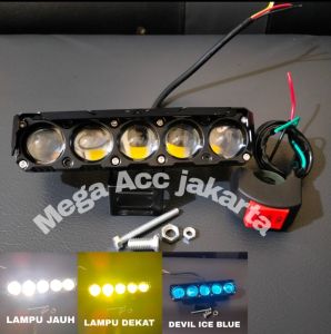 PAKET Lampu Tembak Laser 2 warna Led Foglamp SQL 5 Mata devil ice blue + SAKLAR ON ON OF STANG / 2 Warna lampu tembak Laser Gun Putih Kuning 2 Warna Waterproof body besi