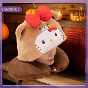 【YANXING4】 หมอนรองคอ Hello Kitty มีฮู้ดนุ่มลายการ์ตูนน่ารักหมอนรองคอสำหรับเดินทางบนเครื่องบินรถไฟรถผ้ากำมะหยี่นุ่มรองรับของขวัญ