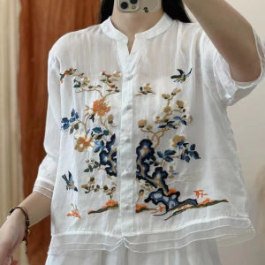 Linen Heavy Vintage Embroidery Tops