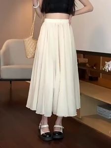 【Ship in 24H】Korean Style Elastic High Waist Cotton Linen Midi Skirt Women Narrow Waist Summer Slim Long Large Hem a-Line Umbrella Skirt High-End
