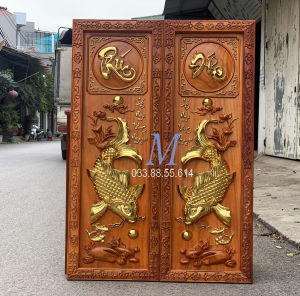 Đôi tranh song ngư cá chép rát vàng gỗ hương cực dày Cao 107117cm