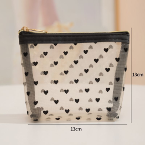 Mini Transparent Mesh Heart Print Cute Cosmetic Bag Portable Toiletry Organizer Makeup Bag Multifunction Transparent Women Lipstick Storage Gift Pouch