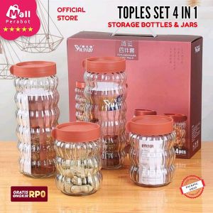 Mall Perabot | Toples Estetik Cantik 4 In 1 | Tempat Penyimpanan Kue Kaca Transparan | Toples Ulir Set