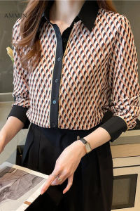 AMMIN 2022 spring and autumn retro Hong Kong-style plaid print lapel long-sleeved elegant blouse womens Korean style fashion graffiti printed chiffon shirt female ins tops