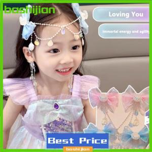 bashijian Cartoon Girls Hair Clip Children Mermaid Princess Fringe Pink Purple Bow Forehead Chain Hairpin Fairy Earhook Accessories