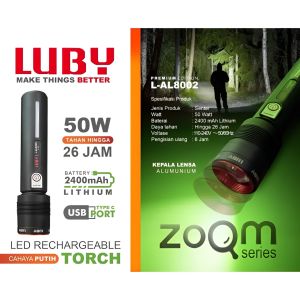 Senter Luby Tahan 26Jam NonStop Cahaya Putih Super Terang 50W & 30W Lensa Zoom In-Out L-AL8002 / L-AL8001 / Senter Tangan Cas USB Supe Awet Tahan 26Jam