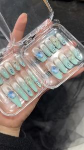 【HANDMADE+Free Glue】Artificial Nail Mint Coconut Milk Dopamine Mint Green Carving Phototherapy Fake Nail Patch Press on Nails Reusable