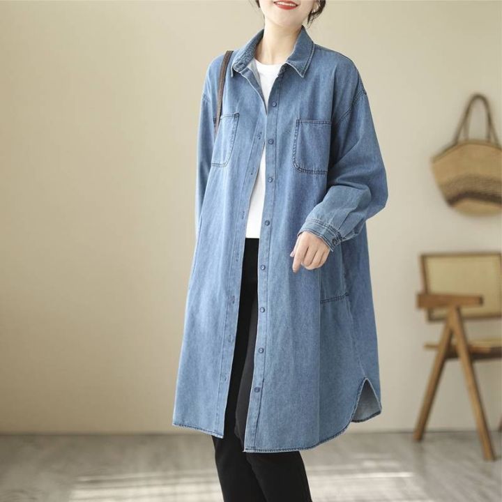 Women Denim Jacket Shirt Style Long Spring Autumn Fashion Casual Elegant  Slim Loose Oversize Jean Cowboy Outerwear Street Wear Plus Size Blue Black 