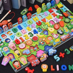 Bảng Gỗ Montessori Đa Chức Năng Chữ Cái Số Ghép Hình Câu Cá Học Tiếng Anh - Đồ Chơi Giáo Dục Sớm Cho Bé