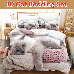 3D Cat Bedding Set Realistic Pet Print Pure Cotton Four-Piece Bedding Set with Pillowcase Multiple Sizes Washable