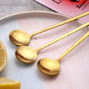 QIHUISHI ช้อนทองสแตนเลสสำหรับเสิร์ฟเครื่องกวนกาแฟและน้ำผึ้ง-หรูหราในสไตล์มินิช้อนกลม