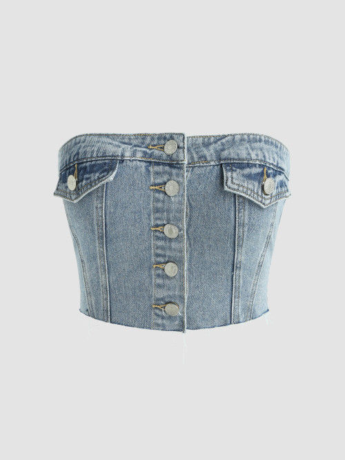 Cider เสื้อเกาะอกยีนส์ เกาะอกยีนส์แฟชั่น เกาะอกผู้หญิง ลุคสตรีท สไตล์เซ็กซี่Denim Shirred Button