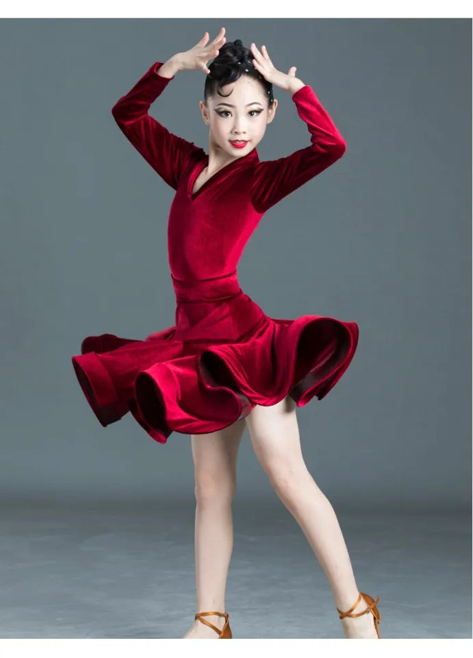 Velvet Long Sleeves Latin Dance Dress For Children Girls