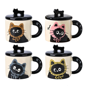 Ceramic Mug with Handle and Lid 370ML Beverage Water Milk Drinking Cup for Home Or Office Use Elegant Cats Themed Gift