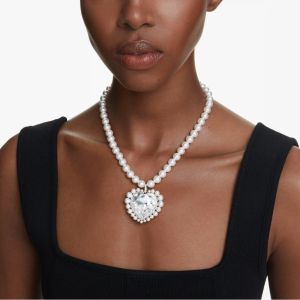 SWAROVSKI Luxury(New) Ariana Grande Mixed Cut Large Size Heart Shape White Gemstone Pearl Pendant Necklace