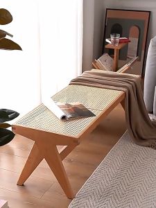 💗Ready Stock💗Entrance Rattan Woven Bench/Vintage Style Entryway Shoe/Solid Wood Shoe Changing Stool/Shoe Changing Bench