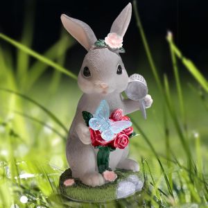 Outdoor Garden Statues Rabbit with Solar LightBunny Garden Decor Ornaments with Wider Base for Patio YardResin Animal Figurine with LEDRabbit-Lover Gifts for Birthday Easter House Warming