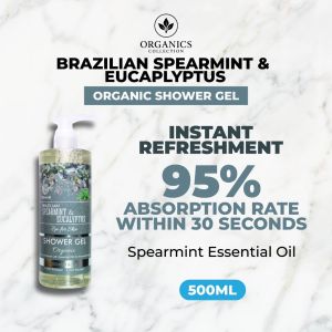 [BUY 1 FREE 1] Natureal Organic Brazilian Spearmint & Eucalyptus Cooling Shower Gel 500ML with Essential Oils for Aromatherapy - Premium Spa-Like Scent Aroma