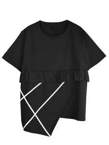 XITAO Edible Tree Fungus Asymmetrical T-shirts Solid Color Patchwork O-neck Pullover Loose Slimming Tops Summer ZY8797
