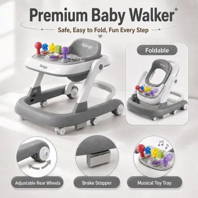 Beige Baby Walker Anti-Rollover For Infant 6-18 Months Adjustable Height Foldable Toddler Learning Walk Cart With Music Light Silent Wheels For Baby Boy Girl