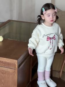 Childrens Autumn Outfit Korean Style Kids Clothing Baby Clothes Girls Fleece Sweatshirt and Leggings Set for Fall and Winter