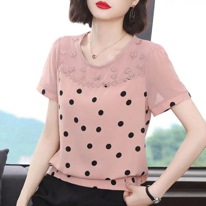 Polka dot chiffon shirt summer large size round neck short-sleeved T-shirt  women's loose belly-covering temperament mother top Lazada PH