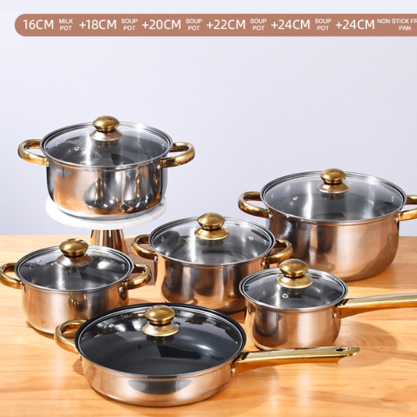 12 PCS Enamel Paint Nonstick Stainless Steel Cookware Set Pots And Pans Casserole Kitchen Set With Silicon Handles