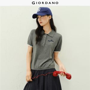 Giordano Women Tipped short sleeve embroidered knit polo shirt Free Shipping 18356811