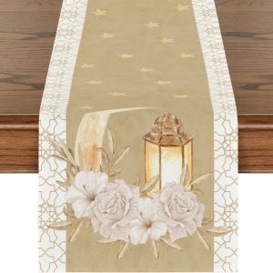 Vintage Ramadan Table Runner 2D Single Print Washable Ramadan Decorations Stain Resistant Reusable Islamic Table Runner Festive Party Decor