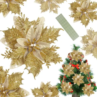 30pcs Glitter Poinsettia Flower Christmas Tree Decorations Artificial Flowers Xmas Decoration Set for Christmas Tree Christmas New Year Wedding Holiday Decoration 2024