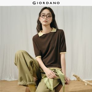 Giordano Women Fake two-piece contrast short sleeve knitwear Free Shipping 18356314