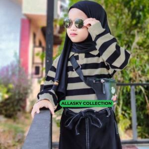 Blus Rajut Rajut Stripe Allasky Knit untuk Anak Perempuan Usia 2-12 Tahun - Motif Stripe/Kotak