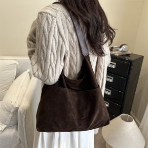 SH Large Capacity Suede Shoulder Bag Solid Color Leather Underarm Bag Trendy Versatile Tote Handbag Autumn Winter