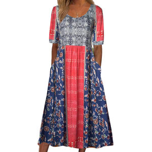 G72025 European and American Summer New Womens Round Neck Short Sleeve Long Dress Bohemian Print Dress for Women 7/7