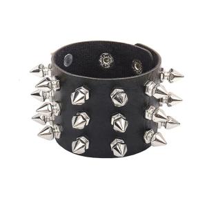 Studded Bracelet Black Leather Rivets Punk Bracelet Cuff Wrap Bangle Metal Snap Button Wristband for Men Women