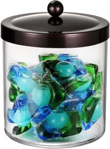 SheeChung Premium Apothecary Jar - 50 Oz. Large Clear Plastic Container Canister with Rust Proof Stainless Steel Lid Laundry/Kitchen/Bathroom Vanity Countertop Storage Organizer Decor(Black)