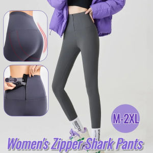 Womens Zipper Shark Pants Belly Contracting Yoga Leggings Seamless Hip Lifting Fleece-Lined Yoga Weight Loss Pants