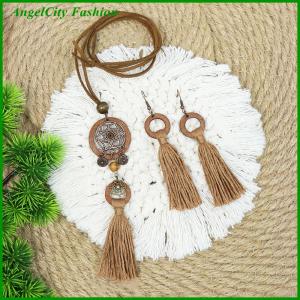 AngelCity Fashion Store Bohemian Vintage Style Fringe Pendant Wood Circle Design Long Necklace Earrings Jewelry