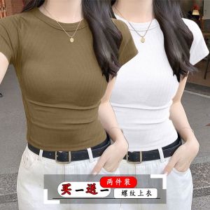 Womens summer new slim fit short sleeved base T-shirt round neck mid sleeve T-shirt