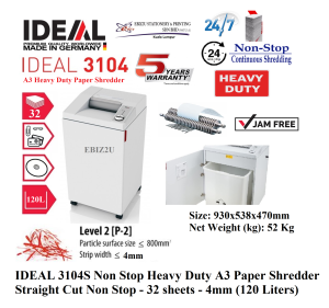 IDEAL 3104 S 4mm Non Stop Heavy Duty A3 Paper Shredder Straight Cut Non Stop - 32 sheets - 4mm (120 Liters) 3104S (non stop Strip Cut Shredder Machine Mesin Penghancur Kertas Heavy Duty Shredder Heavy Duty Paper Shredder Mesin Perincih)