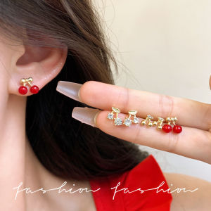 LL 3 pairs of 18k gold cute red cherry delicate zircon earrings ES63655