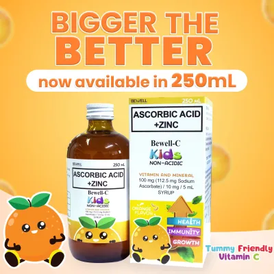 Bewell C Vitamins for Kids Non Acidic Vitamin C with Zinc Orange Flavor Syrup 120ml Bottle