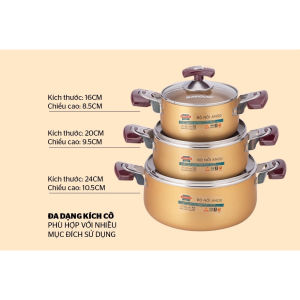 Bộ 3 Nồi Nhôm Anod SUNHOUSE SH6634 – Size 16/20/24cm Vung Kính Cường Lực Tay Cầm Cách Nhiệt Màu Vàng Đồng