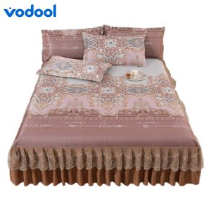 3pcs Retro Ice Silk Bed Skirt Set with Ruffle Bed Valance Lace Bedspread Elegant Home Decoration