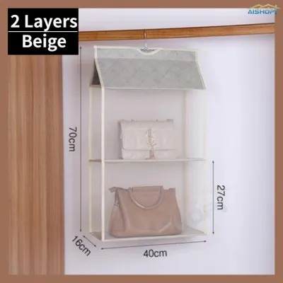 [SG Stock]Hanging Foldable Organizer 3 Layer Anti-Dust Shelf Holder Handbag Purse Large Storage Rack hanger satchel handbag transparent storage hanging rack