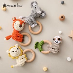 Mamimami Home Baby Wooden Teether Handmade Crochet Animals Kids Teething Ring Rattle Toy