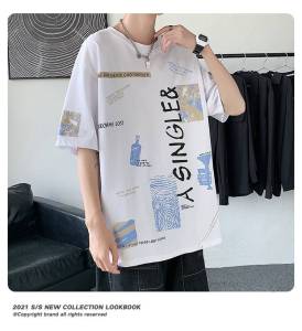 ใหม่ เสื้อยืดแขนสั้นผู้ชาย เสื้อผ้าหลวม อินเทรนด์ ครึ่งแขน