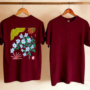 [Local Stock] HBESTY  Fashion Floral Short Sleeve Crewneck Relaxed Fit Tunic Top Botanical Abstract Pink Leaf Flower Stem Geometric Shape Blouse Tops