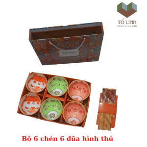 Hộp 6 chén 6 đũa hình thú gốm sứ làm quà tặng liên hoansinh nhật ngộ nghĩnhbát gốm sứ